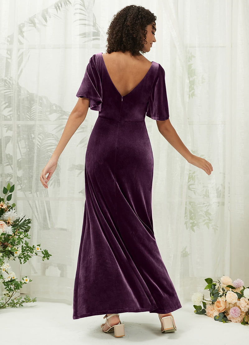 plum velvet bridesmaid dress Plum Burgundy Velvet Maxi Dress: Elegant Long Sleeve Gown, Fall Wedding Guest, Modest Bridesmaid