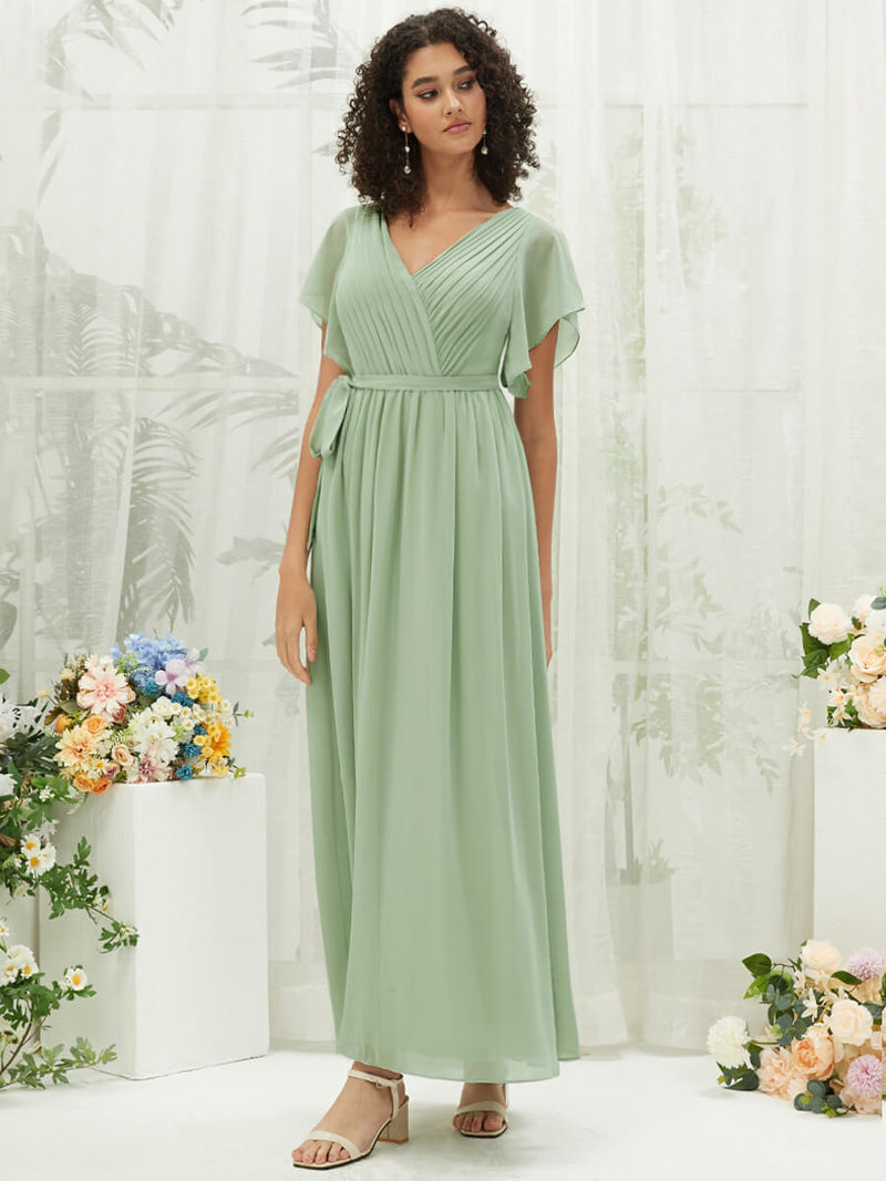 Sage Green Short Sleeves Floor Length Silky Chiffon Bridesmaid Dress