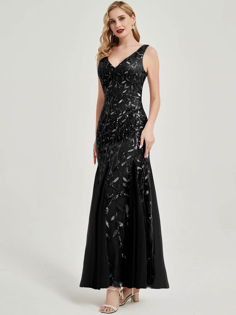 Black Sleeveless V Neck Tulle Sequined Mermaid Formal Evening Dress Black Sleeveless V Neck Tulle Sequined Mermaid Formal Evening Dress