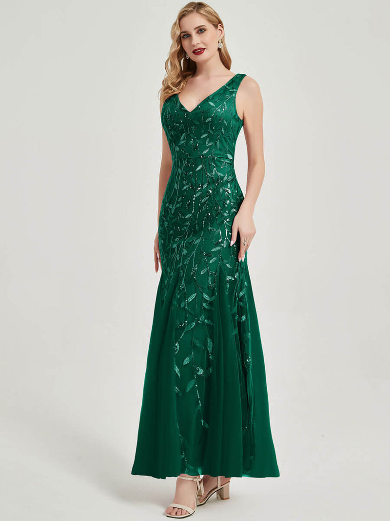 Emerald Green Leaves V-Neck Tulle Sequined Floor Length Formal Dress Emerald Green Leaves V-Neck Tulle Sequined Floor Length Formal Dress