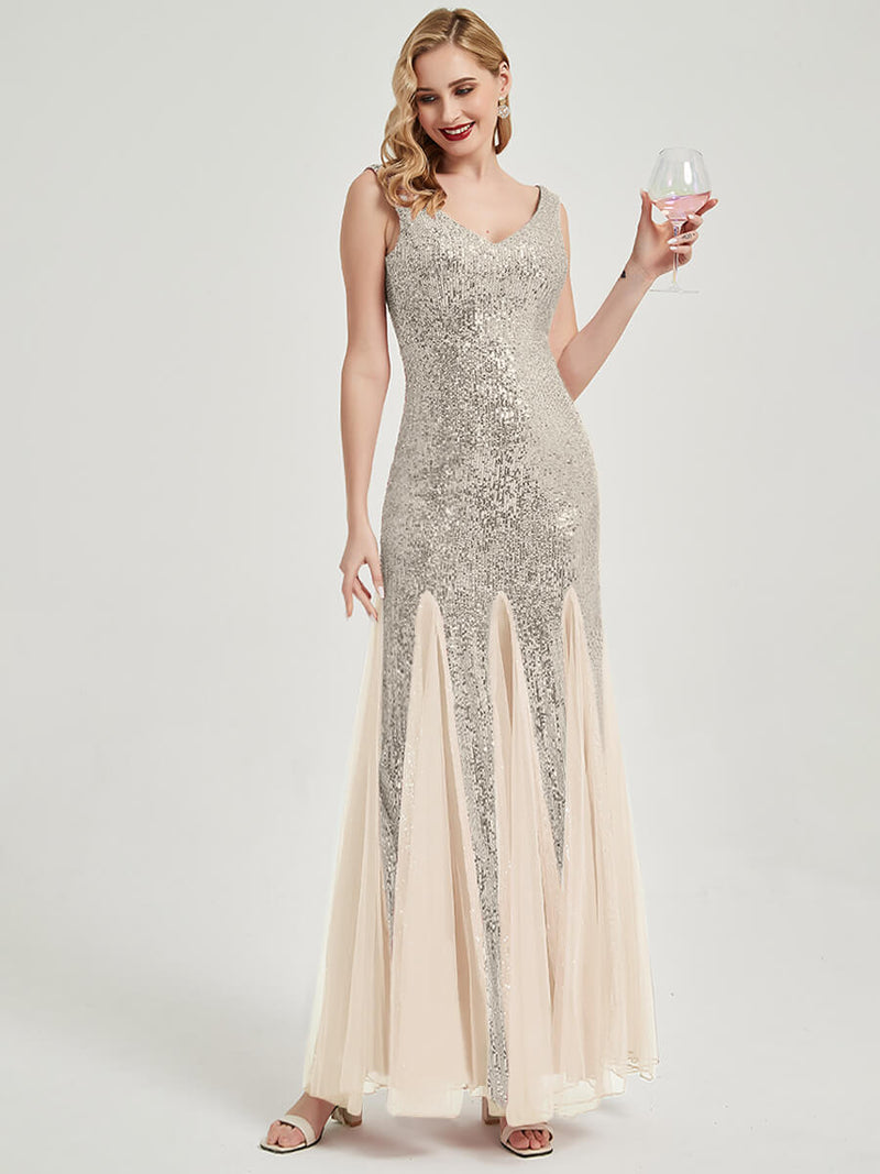 Apricot Grey Sequin Tulle V-Neck Sleeveless Maxi Mermaid Evening Dress NZ Bridal Apricot Grey Sequin Tulle V-Neck Sleeveless Maxi Mermaid Evening Dress NZ Bridal