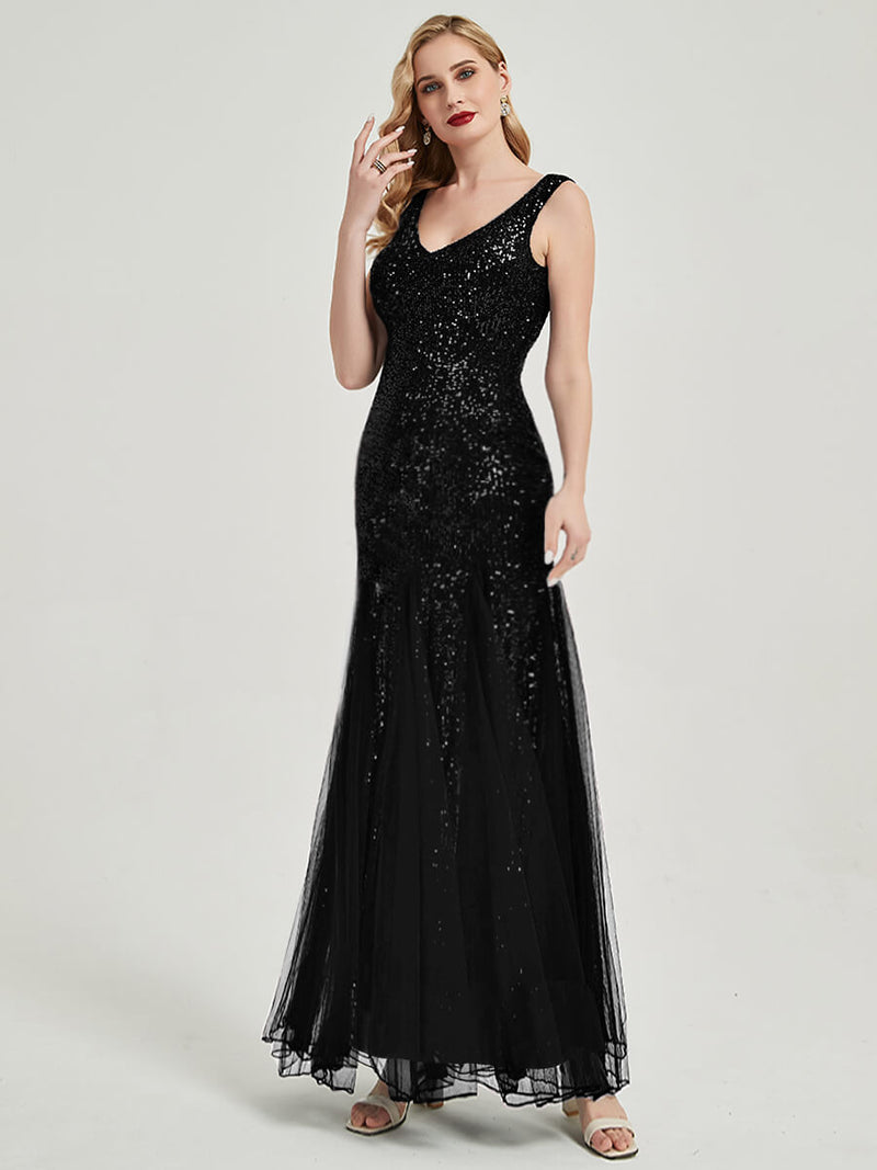 Black Sequin Tulle V-Neck Sleeveless Maxi Mermaid Evening Dress NZ Bridal Black Sequin Tulle V-Neck Sleeveless Maxi Mermaid Evening Dress NZ Bridal