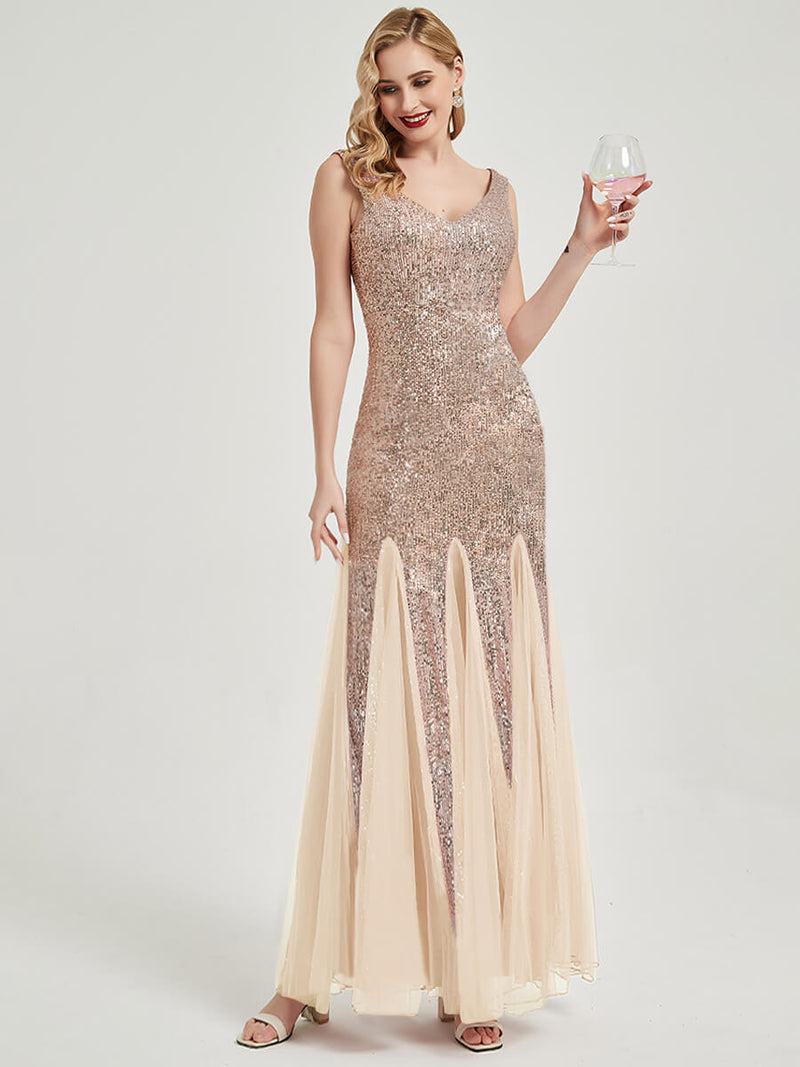 Champagne Gold Sequin Tulle V-Neck Sleeveless Mermaid Evening Dress NZ Bridal Champagne Gold Sequin Tulle V-Neck Sleeveless Mermaid Evening Dress NZ Bridal