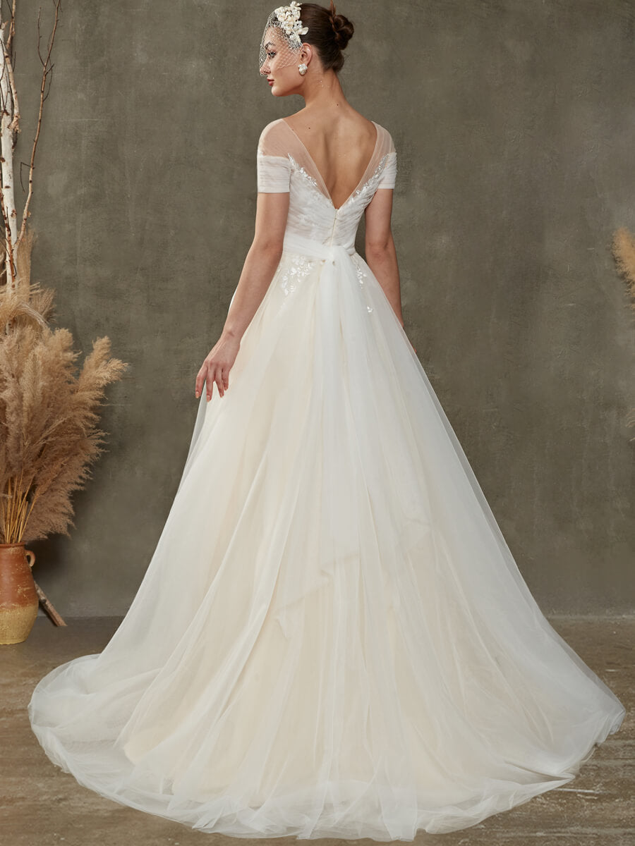 A-line Tulle Lace Floor Length Sweetheart Wedding Dress With Short Sleeve Sindy