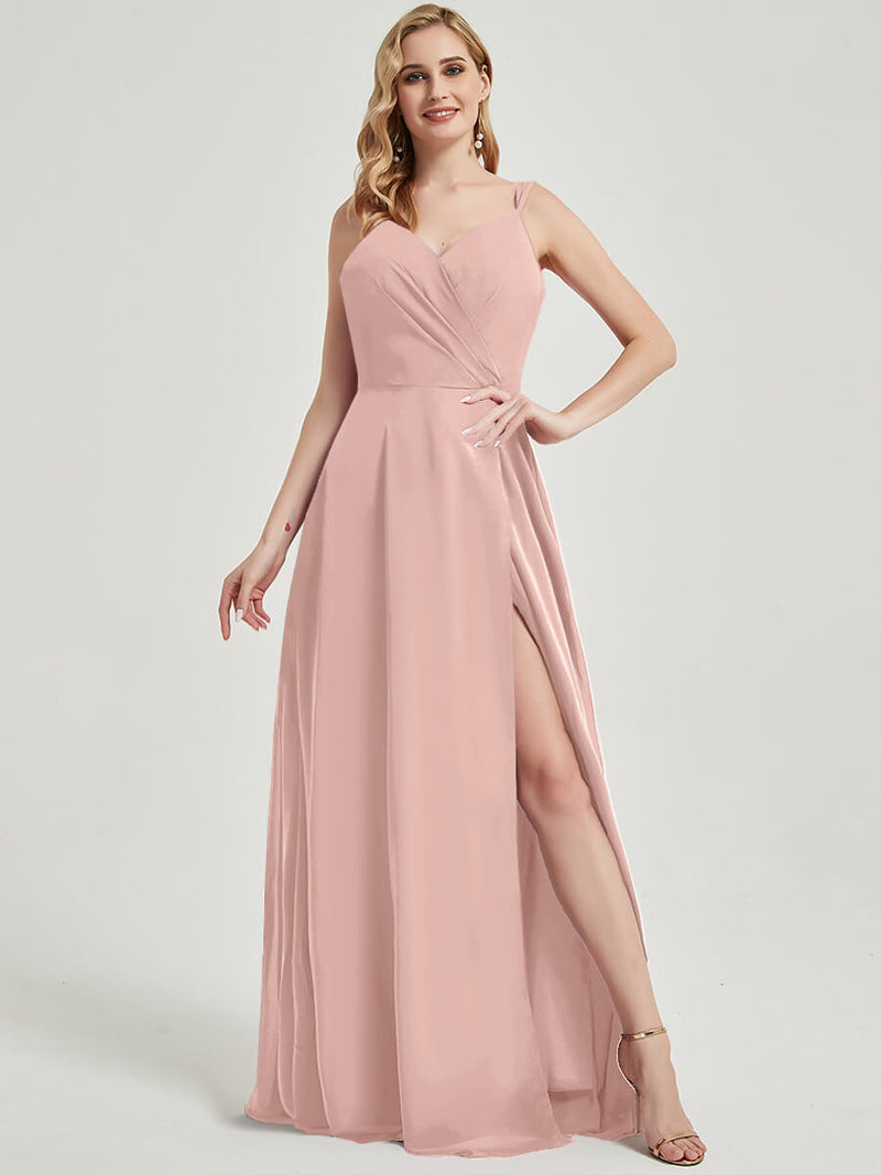 Dusty Pink Spaghetti Straps Slit Maxi Lace Chiffon Bridesmaid Dress Dusty Pink / 1x / N18 Dusty Pink Spaghetti Straps Slit Maxi Lace Chiffon Bridesmaid Dress Dusty Pink / 1x / N18
