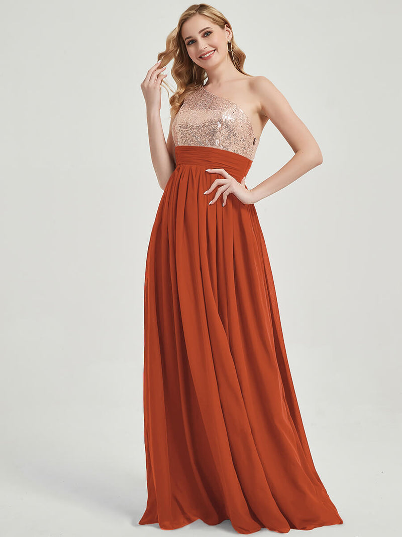 Burnt Orange One-Shoulder Sleeveless Chiffon Sequin Bridesmaid Dress Change Color From Swatches / XS / N0-2 Burnt Orange One-Shoulder Sleeveless Chiffon Sequin Bridesmaid Dress Change Color From Swatches / XS / N0-2
