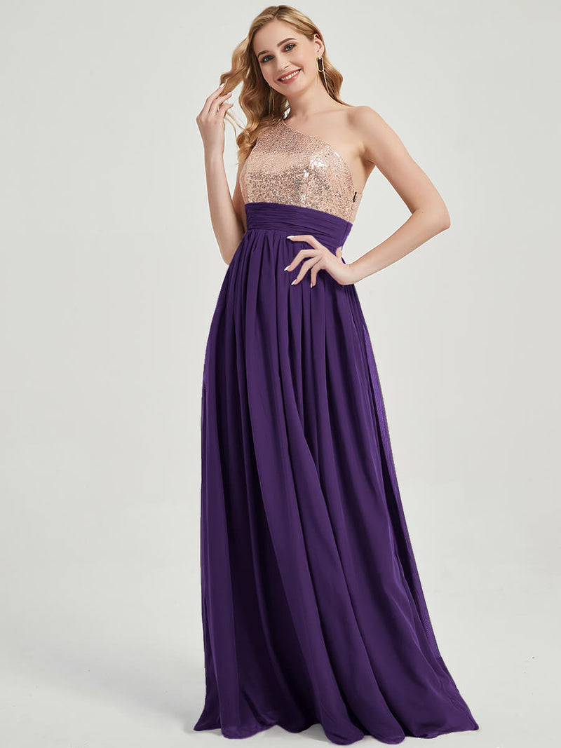 Dark Purple One-Shoulder Sleeveless Chiffon Sequin Bridesmaid Dress NZ Bridal Dark Purple One-Shoulder Sleeveless Chiffon Sequin Bridesmaid Dress NZ Bridal