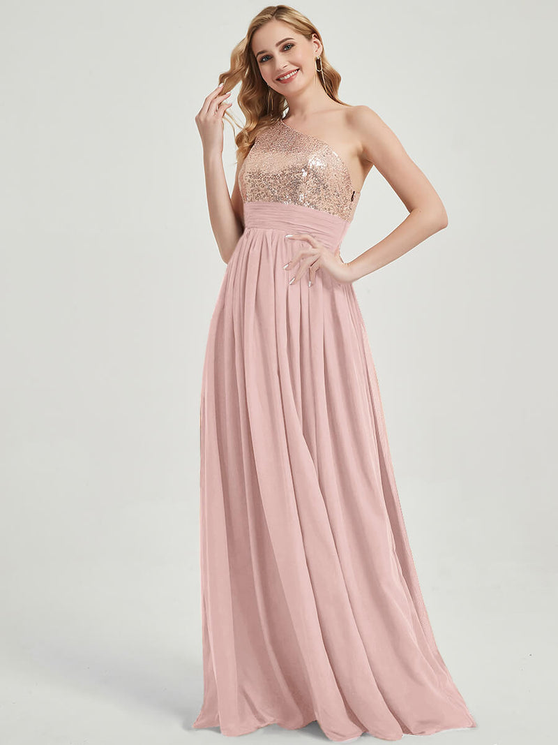 Dusty Pink One-Shoulder Sleeveless Chiffon Sequin Maxi Bridesmaid Dress Change Color From Swatches / Custom Size Dusty Pink One-Shoulder Sleeveless Chiffon Sequin Maxi Bridesmaid Dress Change Color From Swatches / Custom Size