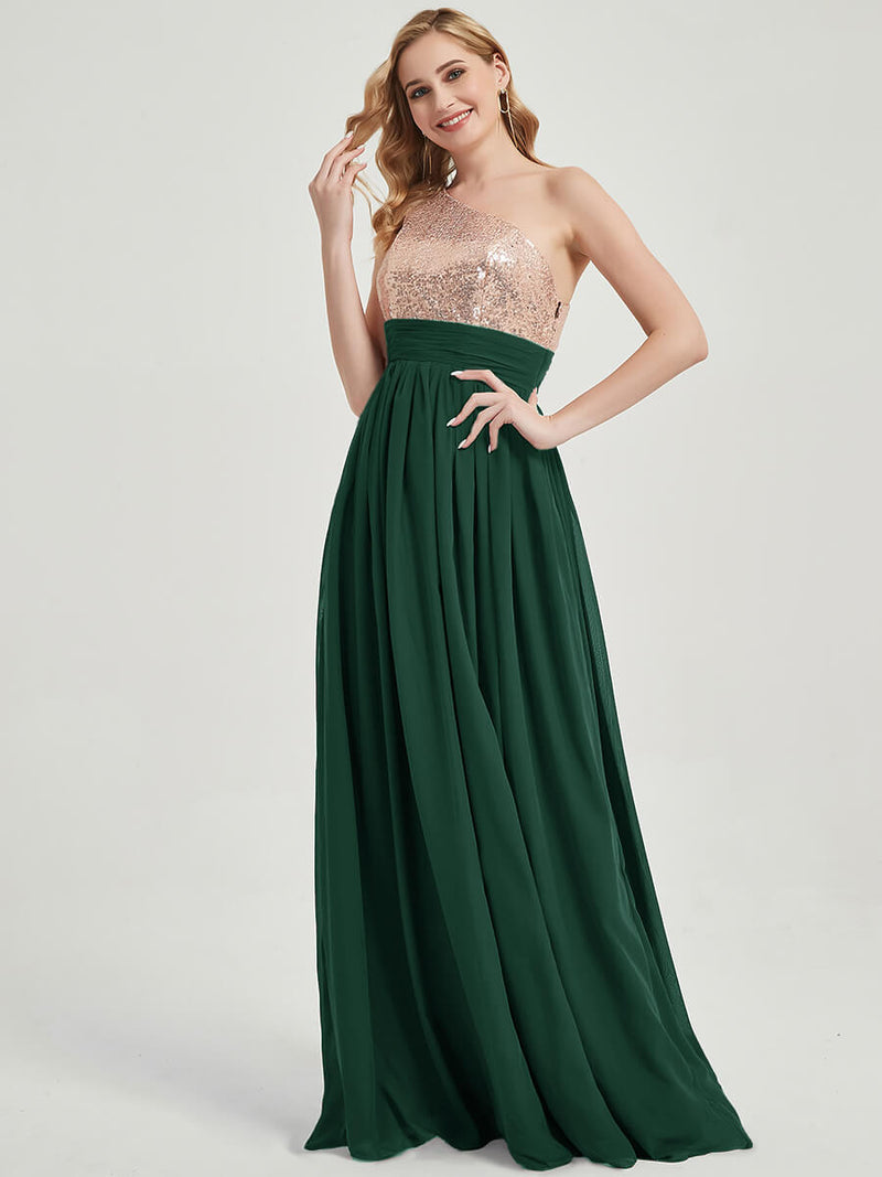 Emerald Green One-Shoulder Sleeveless Chiffon Sequin Bridesmaid Dress Emerald Green / XL / N14 Emerald Green One-Shoulder Sleeveless Chiffon Sequin Bridesmaid Dress Emerald Green / XL / N14