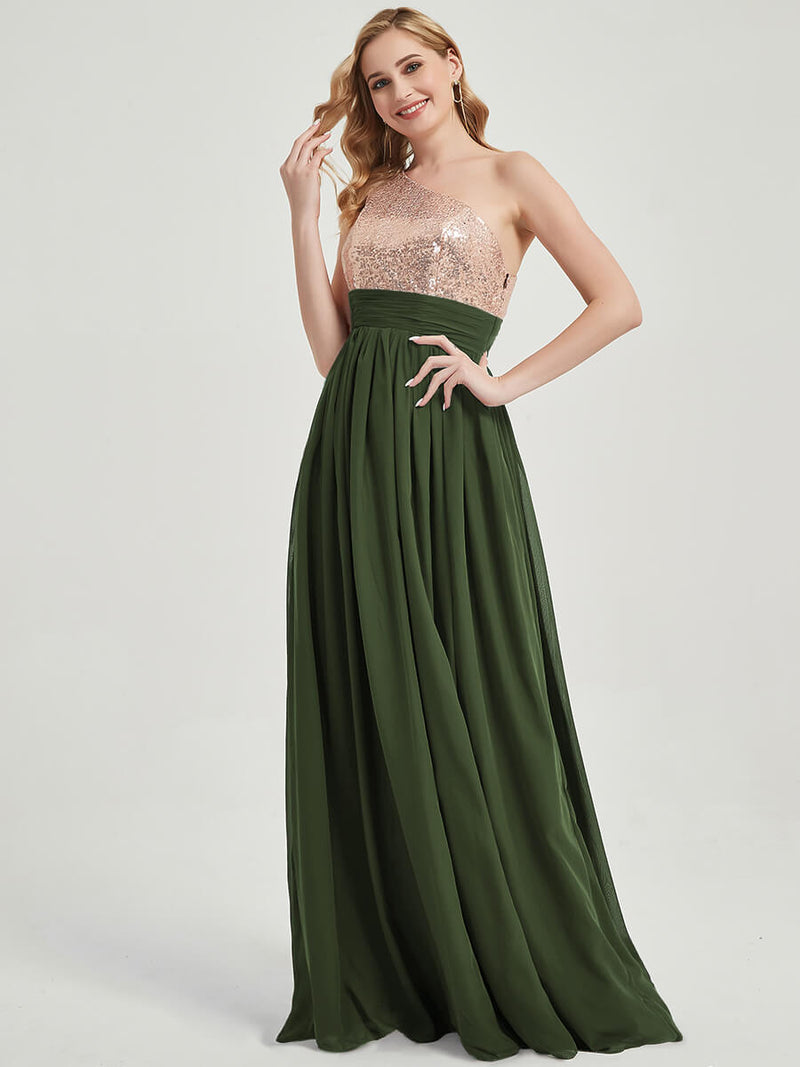 Olive Green One-Shoulder Sequin Chiffon Maxi Bridesmaid Dress for Party Change Color From Swatches / M / N8-10 Olive Green One-Shoulder Sequin Chiffon Maxi Bridesmaid Dress for Party Change Color From Swatches / M / N8-10