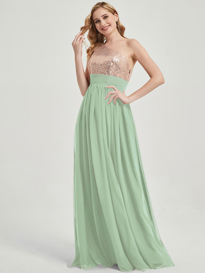 Sage Green One-Shoulder Sequin Chiffon Maxi A-Line Bridesmaid Dress NZ Bridal Sage Green One-Shoulder Sequin Chiffon Maxi A-Line Bridesmaid Dress NZ Bridal