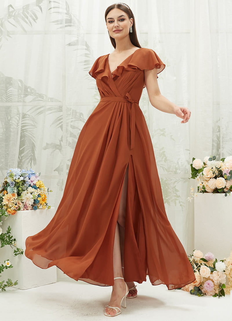 Burnt Orange Chiffon Ruffle Sleeve V-Neck Slit Maxi Bridesmaid Dress Burnt Orange / XS / N0-2 Burnt Orange Chiffon Ruffle Sleeve V-Neck Slit Maxi Bridesmaid Dress Burnt Orange / XS / N0-2