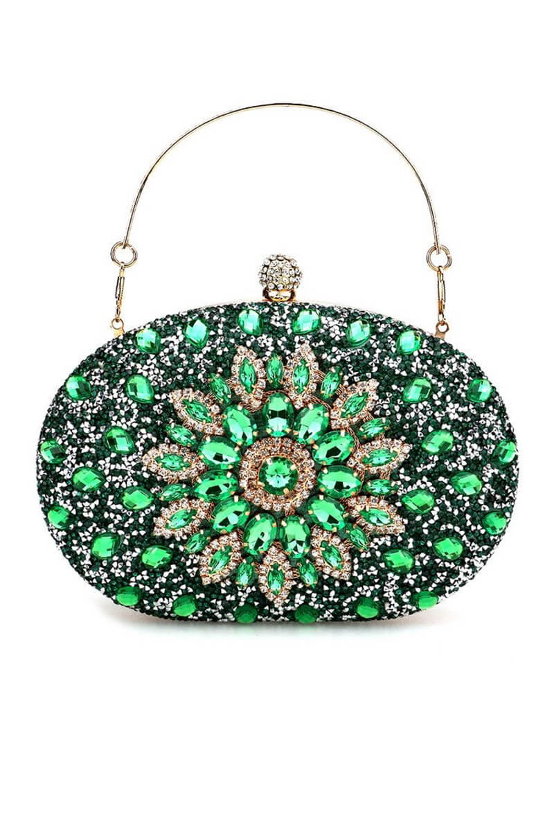 Green Evening Artificial Diamond Clutch with Wrist Handle and Metal Chain