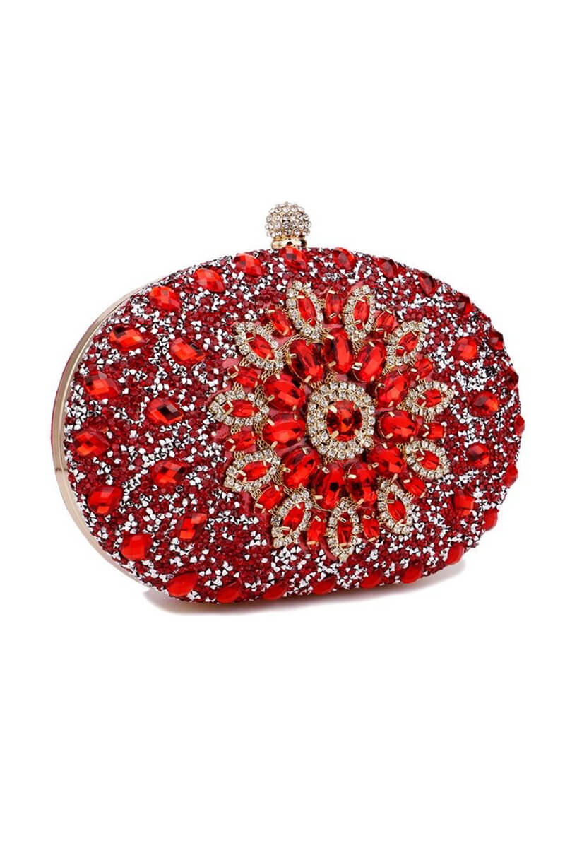 Red Evening Artificial Diamond Clutch with Wrist Handle and Metal Chain