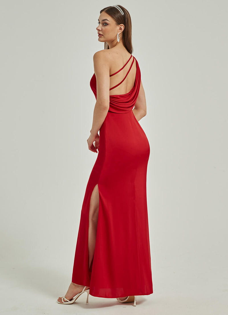 Red Silk Satin One Shoulder Slit Cowl Backless Party Bridesmaid Dress Red / 2X / N20 Red Silk Satin One Shoulder Slit Cowl Backless Party Bridesmaid Dress Red / 2X / N20