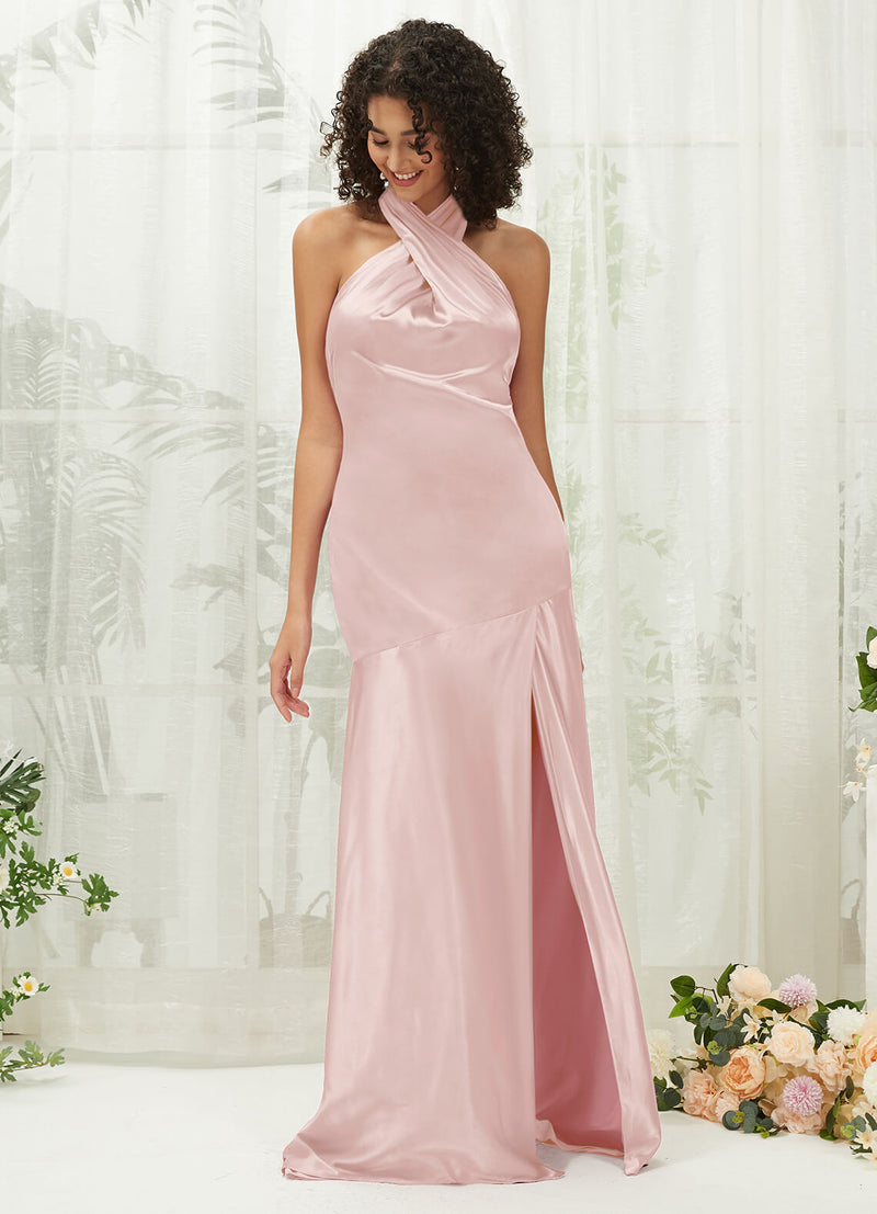 Blush Satin Halter Neck Sleeveless Maxi Bridesmaid Dress With Slit Blush / 3X / N22 Blush Satin Halter Neck Sleeveless Maxi Bridesmaid Dress With Slit Blush / 3X / N22