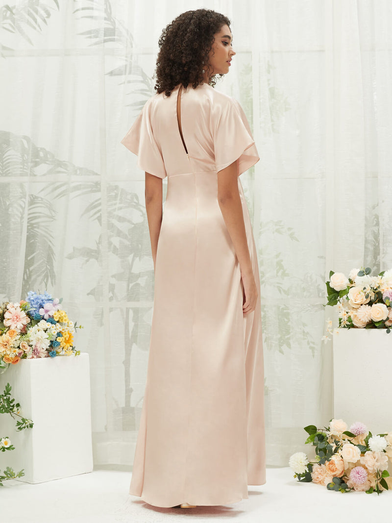 Champagne V-Neck Short Sleeve Satin Maxi Bridesmaid Dress With Slit Change Color From Swatches / 3X / N22