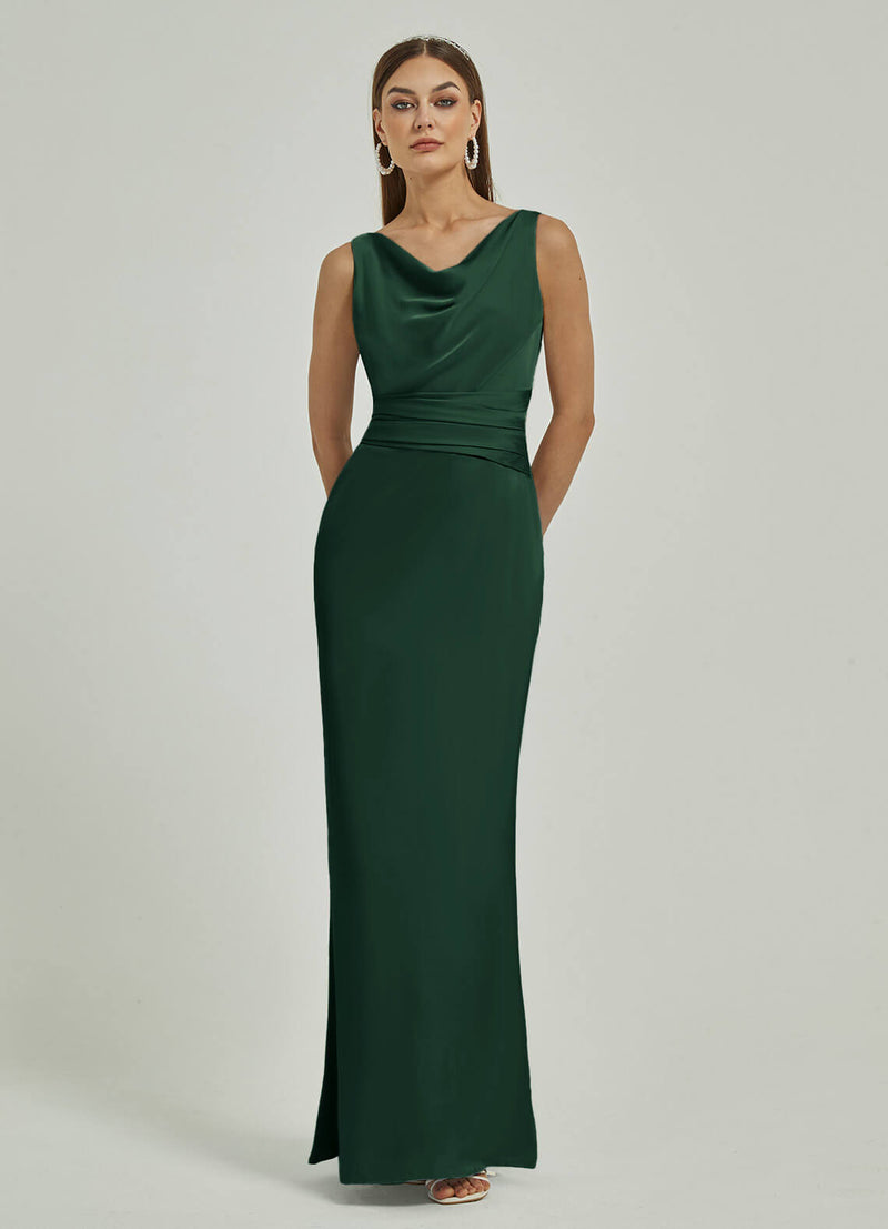 Emerald Green Silk Satin Cowl Neck Sheath Backless Maxi Bridesmaid Dress Change Color From Swatches / L / N12 Emerald Green Silk Satin Cowl Neck Sheath Backless Maxi Bridesmaid Dress Change Color From Swatches / L / N12