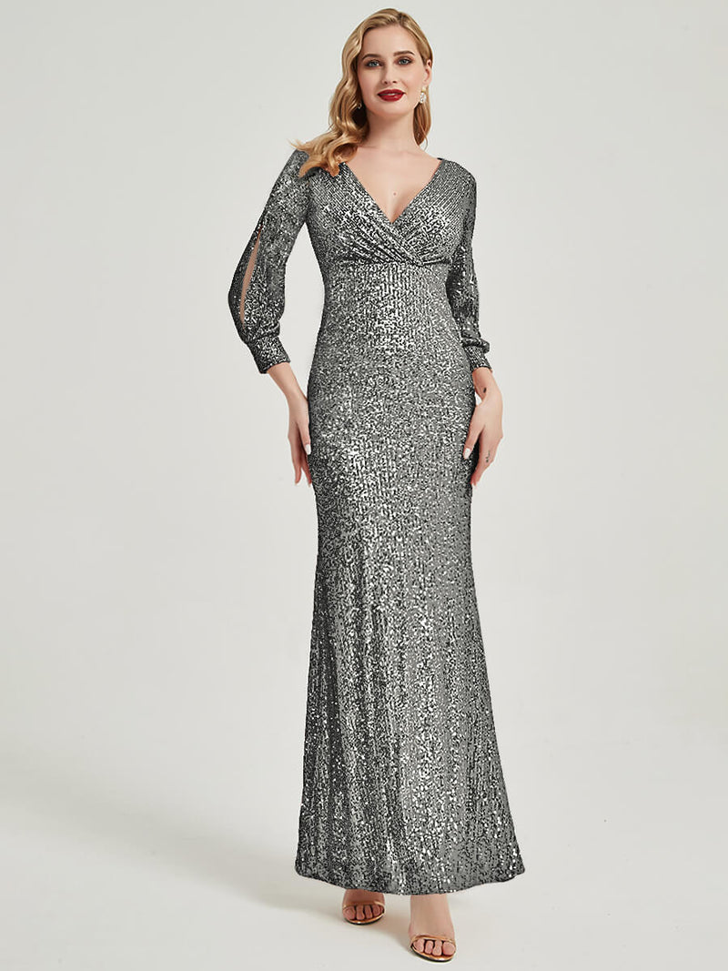 Steel Grey Sequin V-Neck Long Sleeve Maxi Formal Mermaid Evening Dress Steel Grey / XS / N0-2 Steel Grey Sequin V-Neck Long Sleeve Maxi Formal Mermaid Evening Dress Steel Grey / XS / N0-2