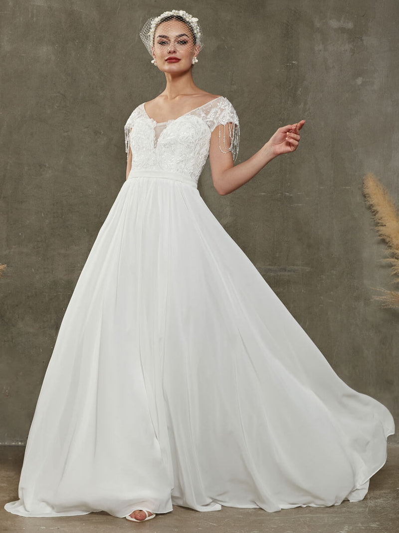 short chiffon wedding dress Custom-made 2019 Lace Chiffon Beach boho Beach wedding dress with Deep V-Neck and Backless Design