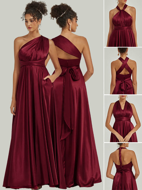 Burgundy Multi Ways Wrap Convertible Slit Bridesmaid Butterfly Sleeves & One Shoulder & Strapless & Off-shoulder & Straps & Halter Neck Satin A-Line Dress Floor Length Gown with Pocket Winnie