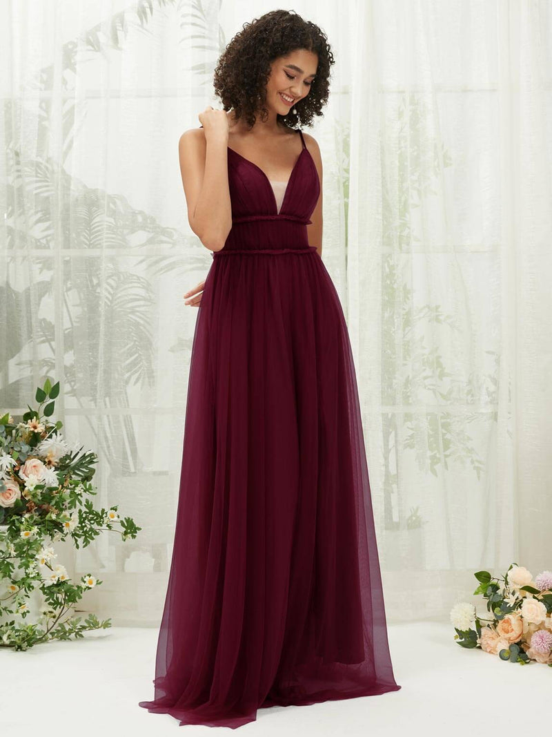 Burgundy Tulle Backless Pleated Pocket Floor Length Bridesmaid Dresses Burgundy / Xs / N0-2 Burgundy Tulle Backless Pleated Pocket Floor Length Bridesmaid Dresses Burgundy / Xs / N0-2