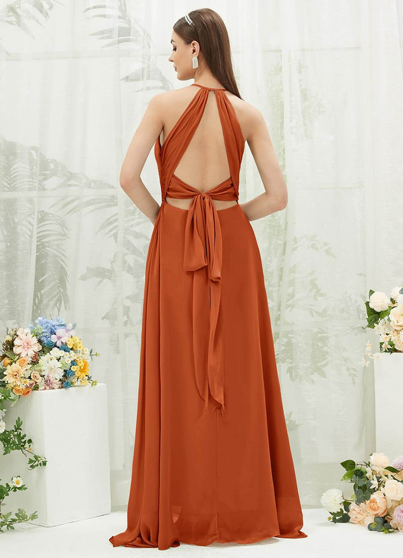 Burnt Orange Chiffon Halter V-Neck Slit Backless Maxi Bridesmaid Dress NZ Bridal Burnt Orange Chiffon Halter V-Neck Slit Backless Maxi Bridesmaid Dress NZ Bridal