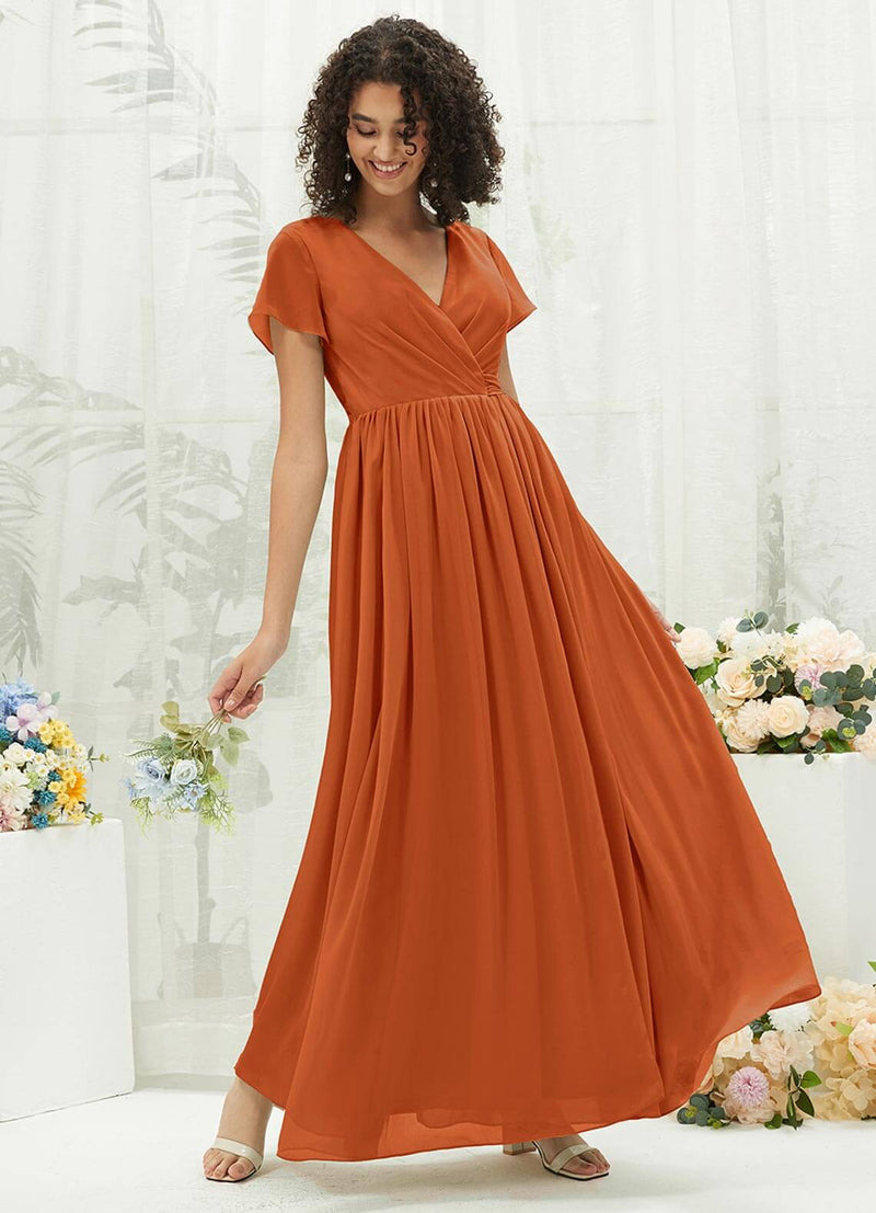 Burnt Orange Chiffon Short Sleeve V-Neck Wrap Pleated Bridesmaid Dress Change Color from Swatches / XXL / N16 Burnt Orange Chiffon Short Sleeve V-Neck Wrap Pleated Bridesmaid Dress Change Color from Swatches / XXL / N16