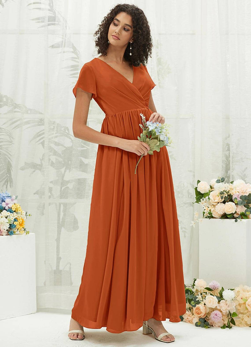 Burnt Orange Chiffon Short Sleeve V-Neck Wrap Pleated Bridesmaid Dress Change Color From Swatches / XXL / N16 Burnt Orange Chiffon Short Sleeve V-Neck Wrap Pleated Bridesmaid Dress Change Color From Swatches / XXL / N16