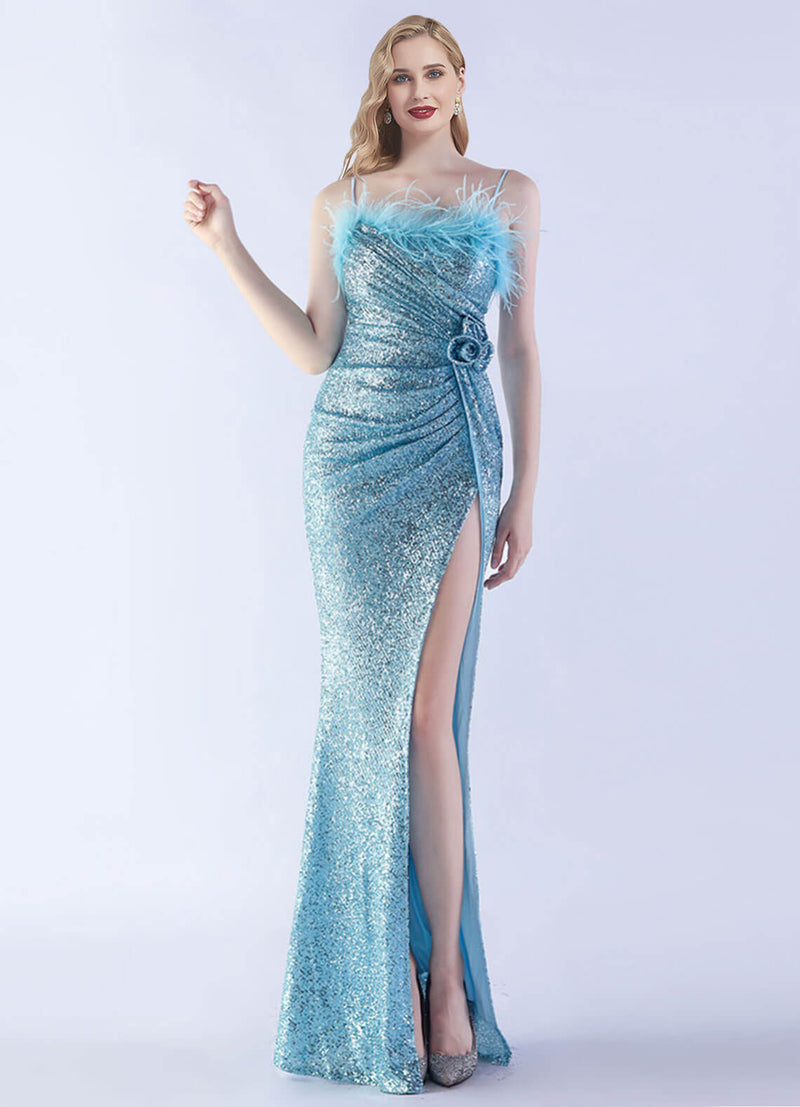 Cornflower Blue Luxury Feather Spaghetti Straps Sequin Maxi Formal Gown Cornflower Blue / L / N12 Cornflower Blue Luxury Feather Spaghetti Straps Sequin Maxi Formal Gown Cornflower Blue / L / N12