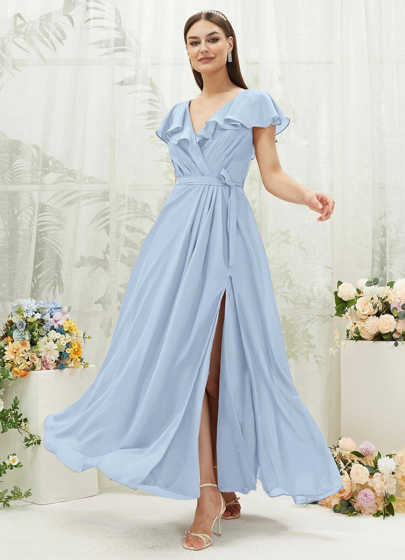 Cornflower Blue Chiffon Ruffle Sleeve V-Neck Slit Maxi Bridesmaid Dress Change Color from Swatches / 3X / N22 Cornflower Blue Chiffon Ruffle Sleeve V-Neck Slit Maxi Bridesmaid Dress Change Color from Swatches / 3X / N22