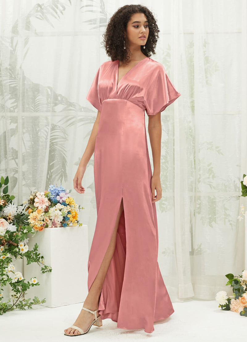 Dusty Pink V-Neck Short Sleeve Satin Maxi Bridesmaid Dress With Slit NZ Bridal Dusty Pink V-Neck Short Sleeve Satin Maxi Bridesmaid Dress With Slit NZ Bridal