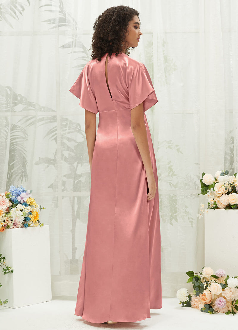 Elegant Pink Bridesmaid Dresses Cicinia Open Back Soft Satin Bridesmaid Dress With Sleeves, Flamingo Elegant Pink Bridesmaid Dresses Cicinia Open Back Soft Satin Bridesmaid Dress With Sleeves, Flamingo