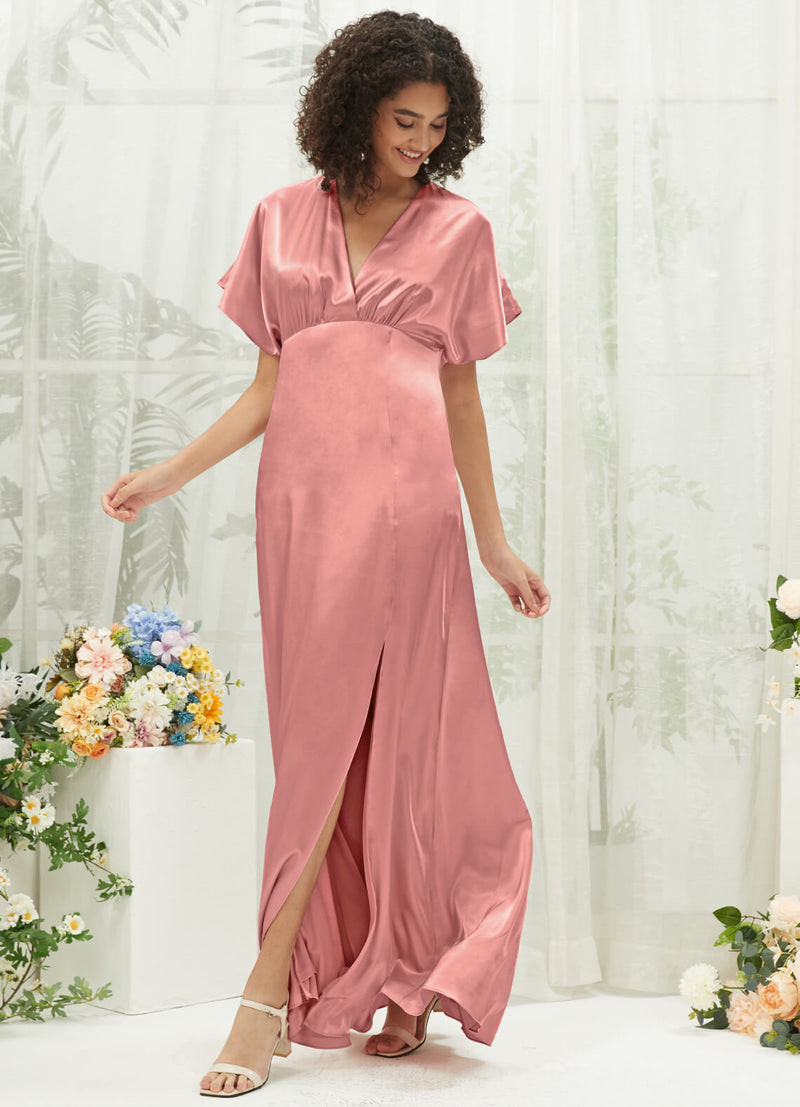 Dusty Pink V-Neck Short Sleeve Satin Maxi Bridesmaid Dress With Slit Change Color From Swatches / 2X / N20 Dusty Pink V-Neck Short Sleeve Satin Maxi Bridesmaid Dress With Slit Change Color From Swatches / 2X / N20