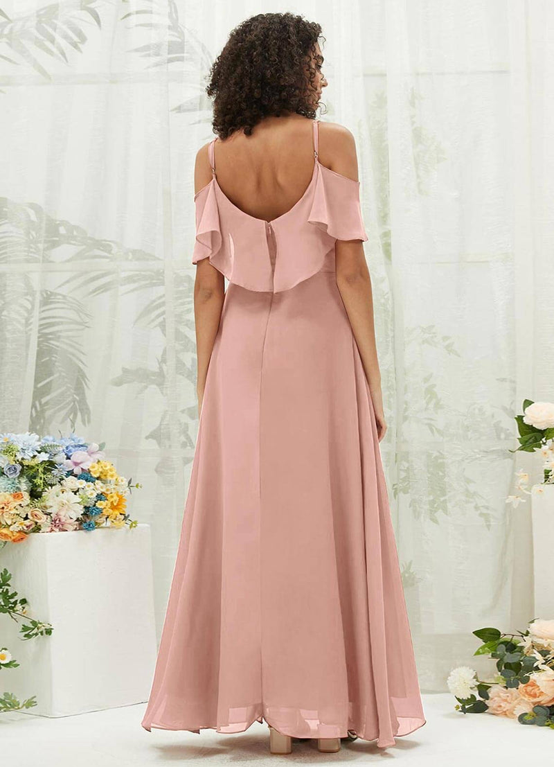 Dusty Pink Chiffon Ruffle Cold Shoulder Sweetheart Bridesmaid Dress