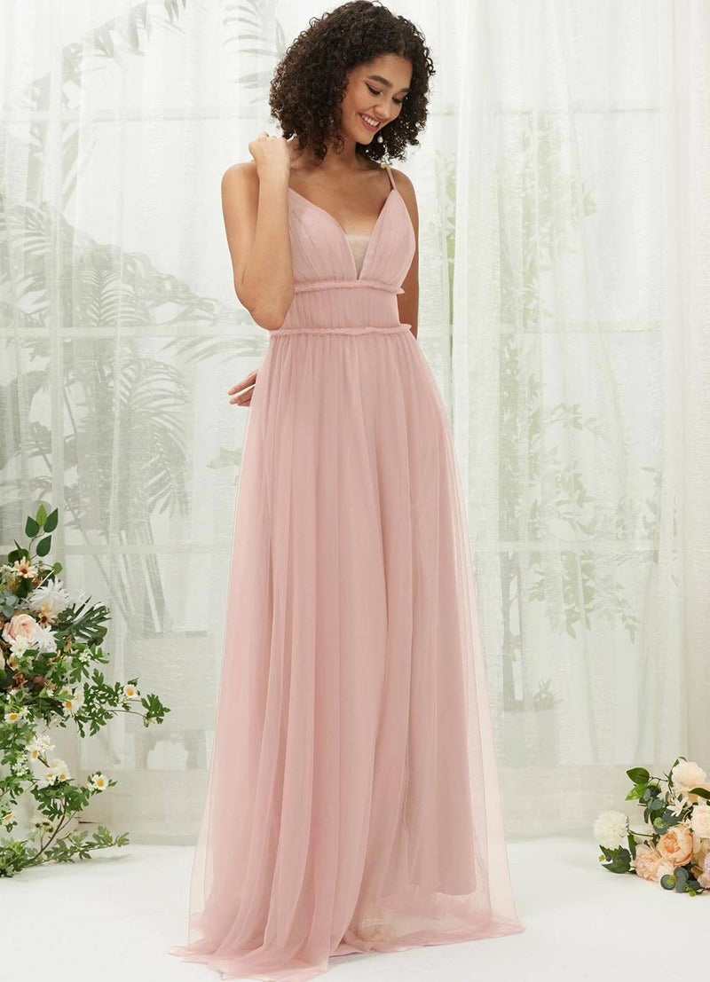 Dusty Pink Tulle Backless Pleated Pocket Floor Length Bridesmaid