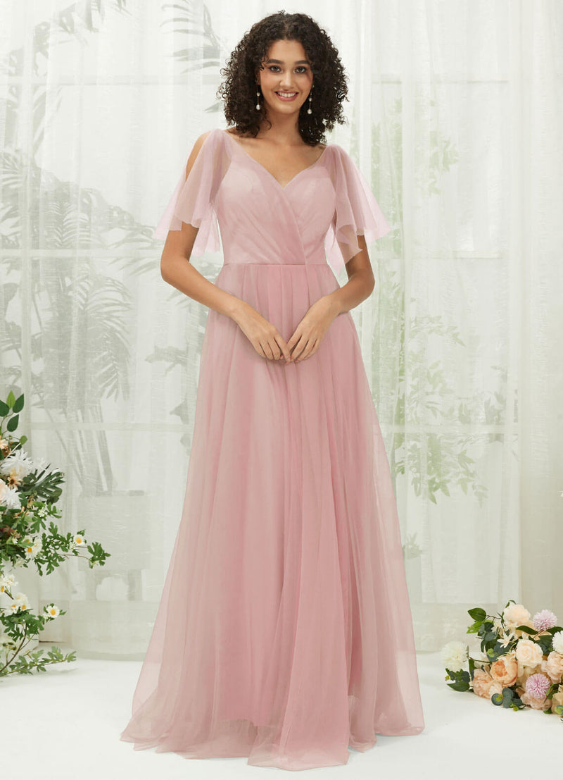 Dusty Pink Tulle Sweetheart Ruffle Sleeve Pocket Maxi Bridesmaid Dress