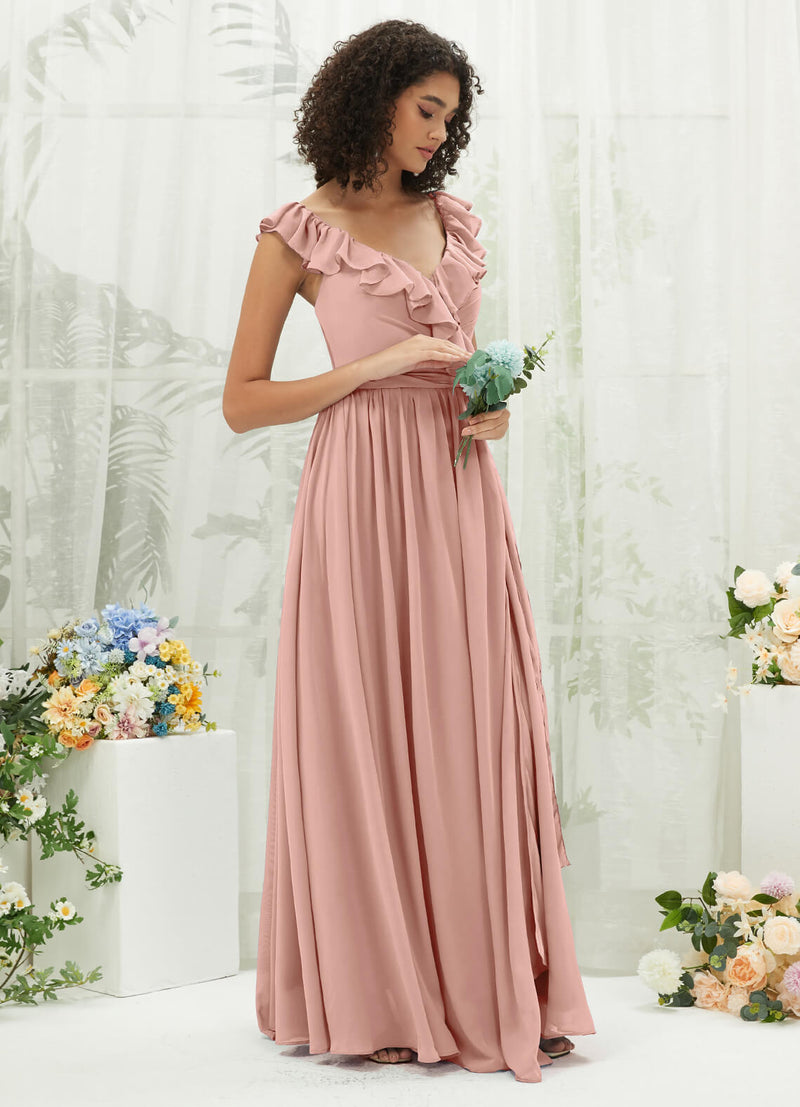 Dusty Pink Chiffon Ruffle Cross Straps V-Neck Wrap Bridesmaid Dress