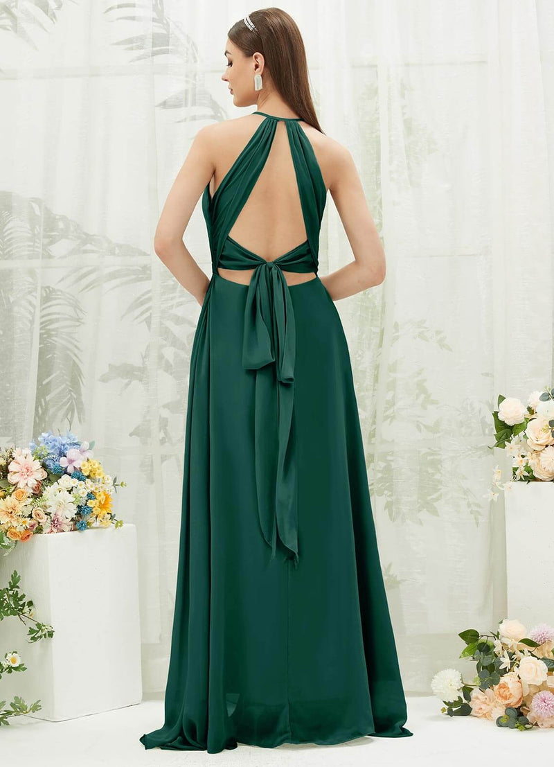 Emerald Green Chiffon Halter V-Neck Slit Backless Maxi Bridesmaid Dress Change Color From Swatches / M / N8-10 Emerald Green Chiffon Halter V-Neck Slit Backless Maxi Bridesmaid Dress Change Color From Swatches / M / N8-10