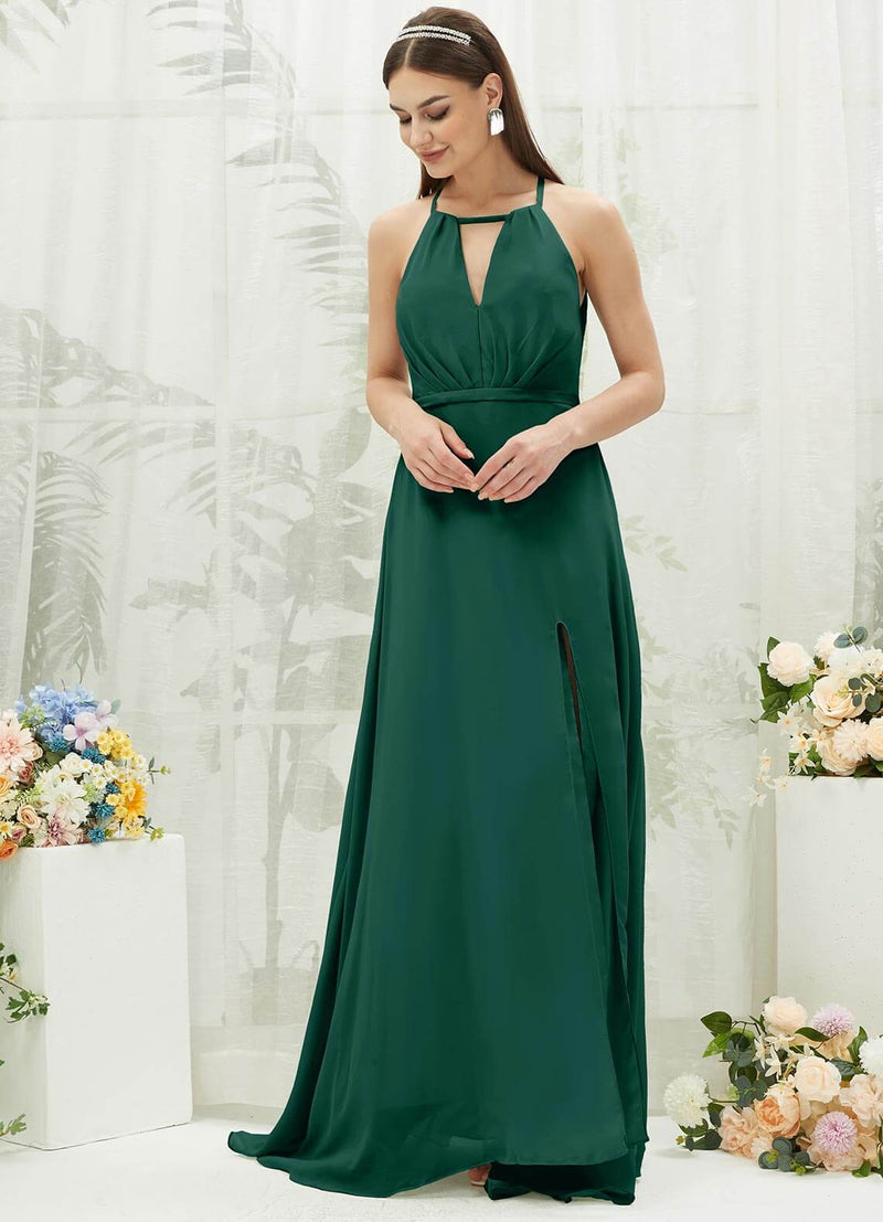 Emerald Green Chiffon Halter V-Neck Slit Backless Maxi Bridesmaid Dres NZ Bridal Emerald Green Chiffon Halter V-Neck Slit Backless Maxi Bridesmaid Dres NZ Bridal