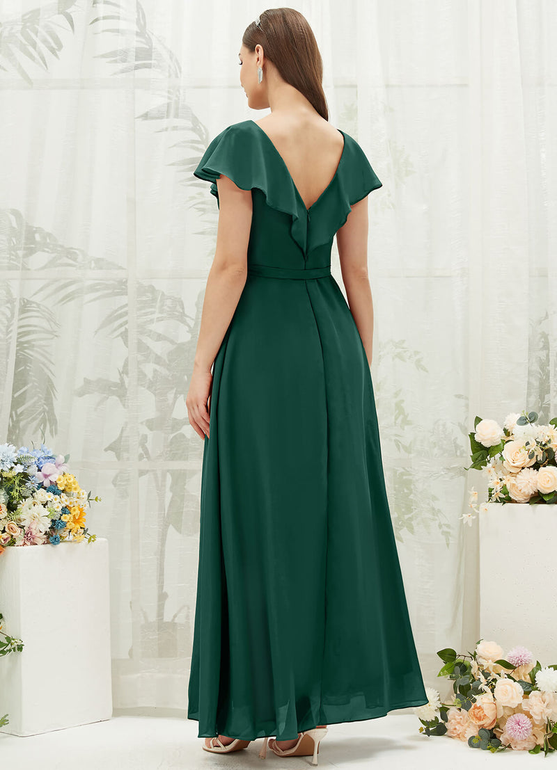Emerald Green Chiffon Ruffle Sleeve V-Neck Slit Maxi Bridesmaid Dress Change Color From Swatches / XS / N0-2 Emerald Green Chiffon Ruffle Sleeve V-Neck Slit Maxi Bridesmaid Dress Change Color From Swatches / XS / N0-2