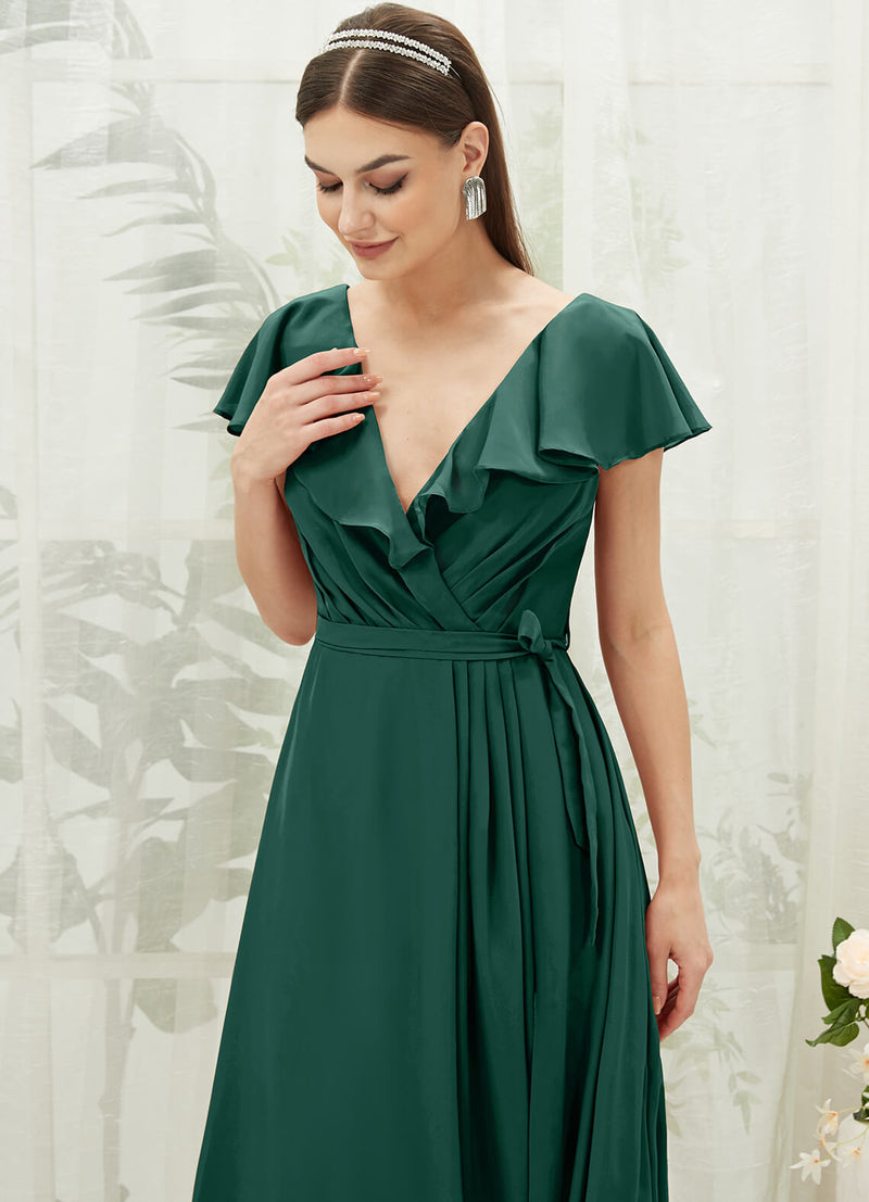 Emerald Green Chiffon Ruffle Sleeve V-Neck Slit Maxi Bridesmaid Dress