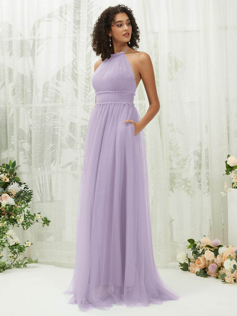 Light Dusty Purple Tulle Halter Neck Floor Length Bridesmaid Dress With Pocket Light Dusty Purple Tulle Halter Neck Floor Length Bridesmaid Dress With Pocket