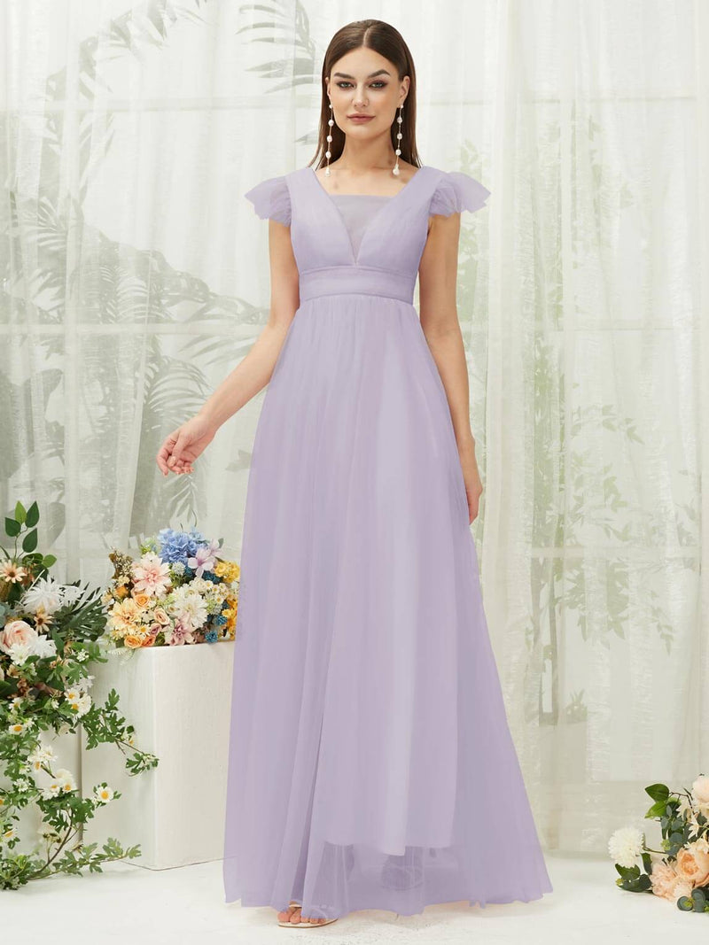 Light Dusty Purple Tulle Cap Sleeves Floor Length Flowy Bridesmaid Dresses