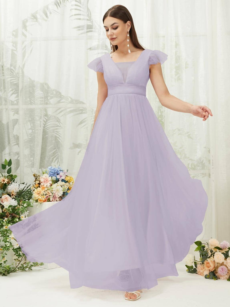 Light Dusty Purple Tulle Cap Sleeves Floor Length Flowy Bridesmaid Dresses