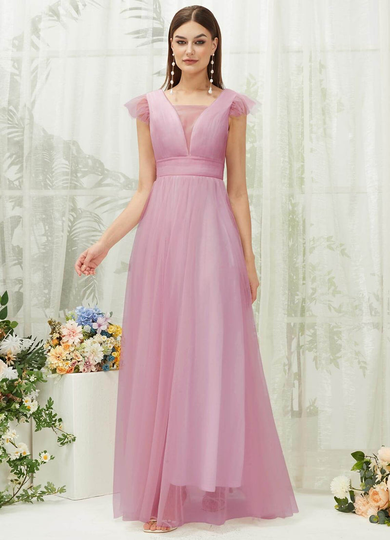 Mauve Tulle Cap Sleeves Floor Length Flowy Bridesmaid Dresses Mauve / Custom Size Mauve Tulle Cap Sleeves Floor Length Flowy Bridesmaid Dresses Mauve / Custom Size