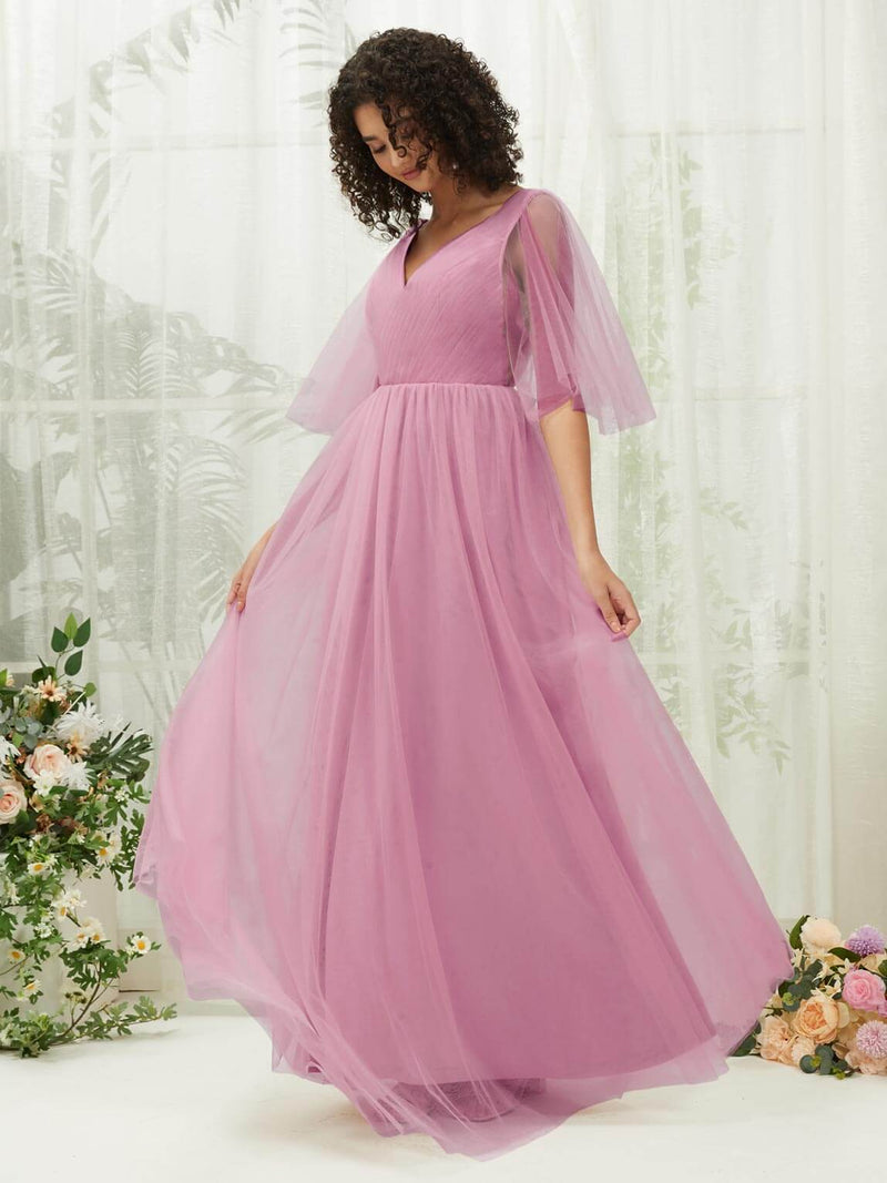 Mauve Ruffle Sleeves Tulle Maxi Bridesmaid Dresses With Pocket Mauve / XXL / N16 Mauve Ruffle Sleeves Tulle Maxi Bridesmaid Dresses With Pocket Mauve / XXL / N16