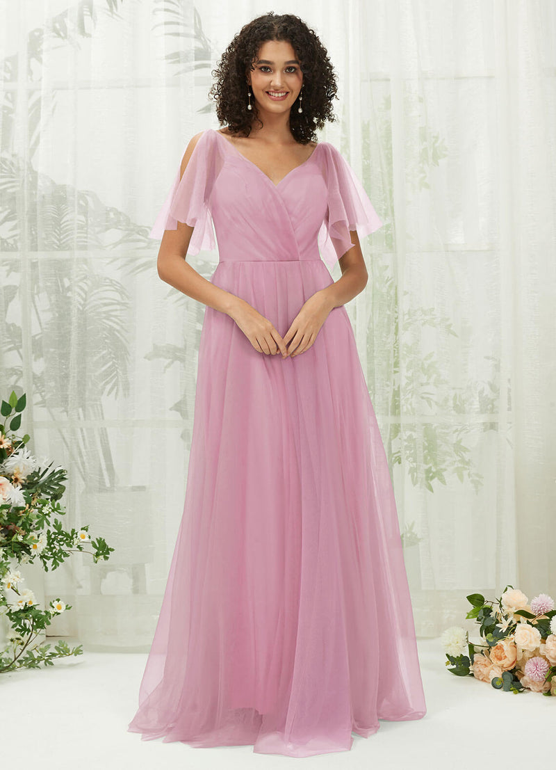 Mauve Tulle Sweetheart Ruffle Sleeve Pocket Maxi Bridesmaid Dress Mauve / 1X / N18 Mauve Tulle Sweetheart Ruffle Sleeve Pocket Maxi Bridesmaid Dress Mauve / 1X / N18