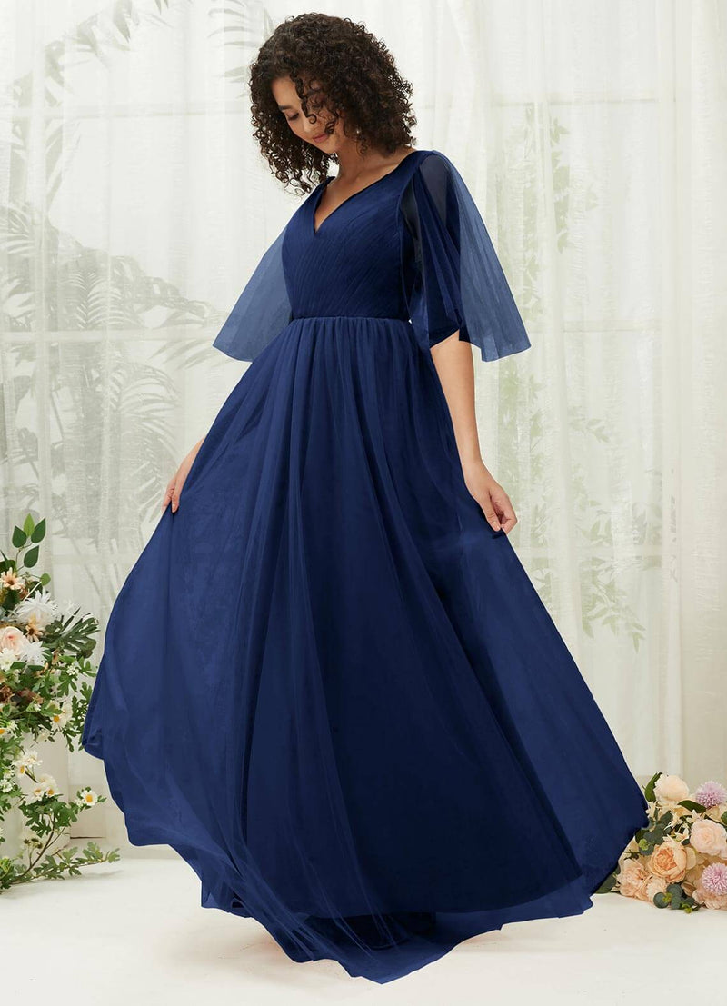 Navy Blue Ruffle Sleeves Tulle Maxi Bridesmaid Dresses With Pocket