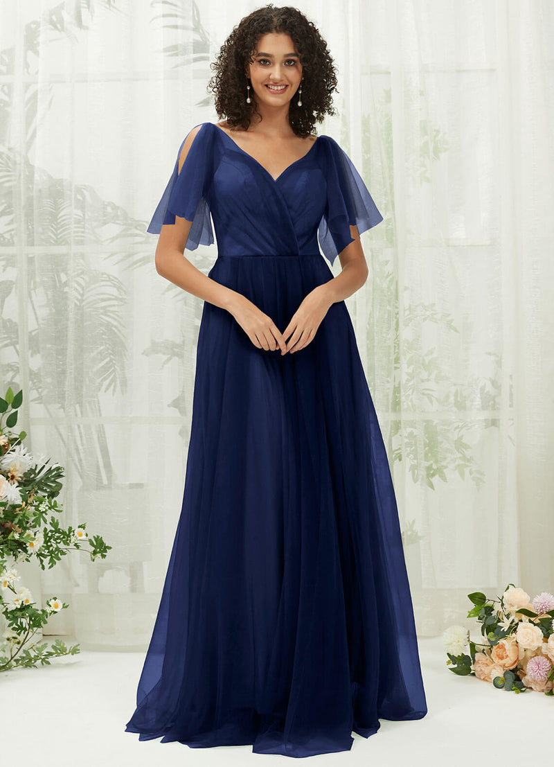 Navy Blue Tulle Sweetheart Ruffle Sleeve Pocket Maxi Bridesmaid